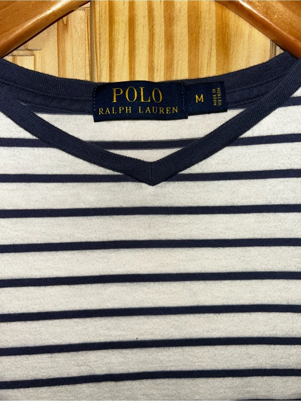 Ralph Lauren Navy and White Striped V‑Neck Tee